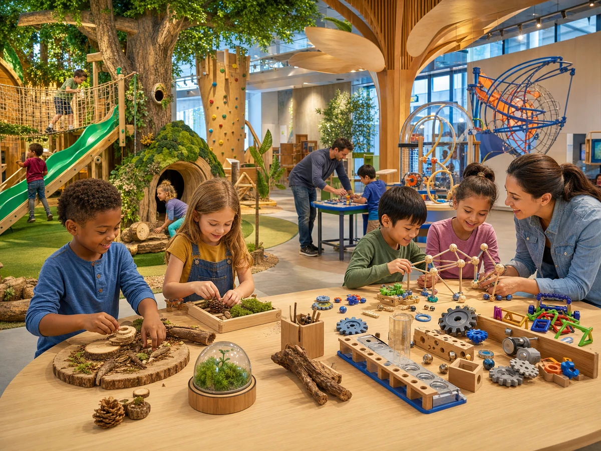 Concept image of a Forest Discovery exhibit with hands-on nature and maker activities