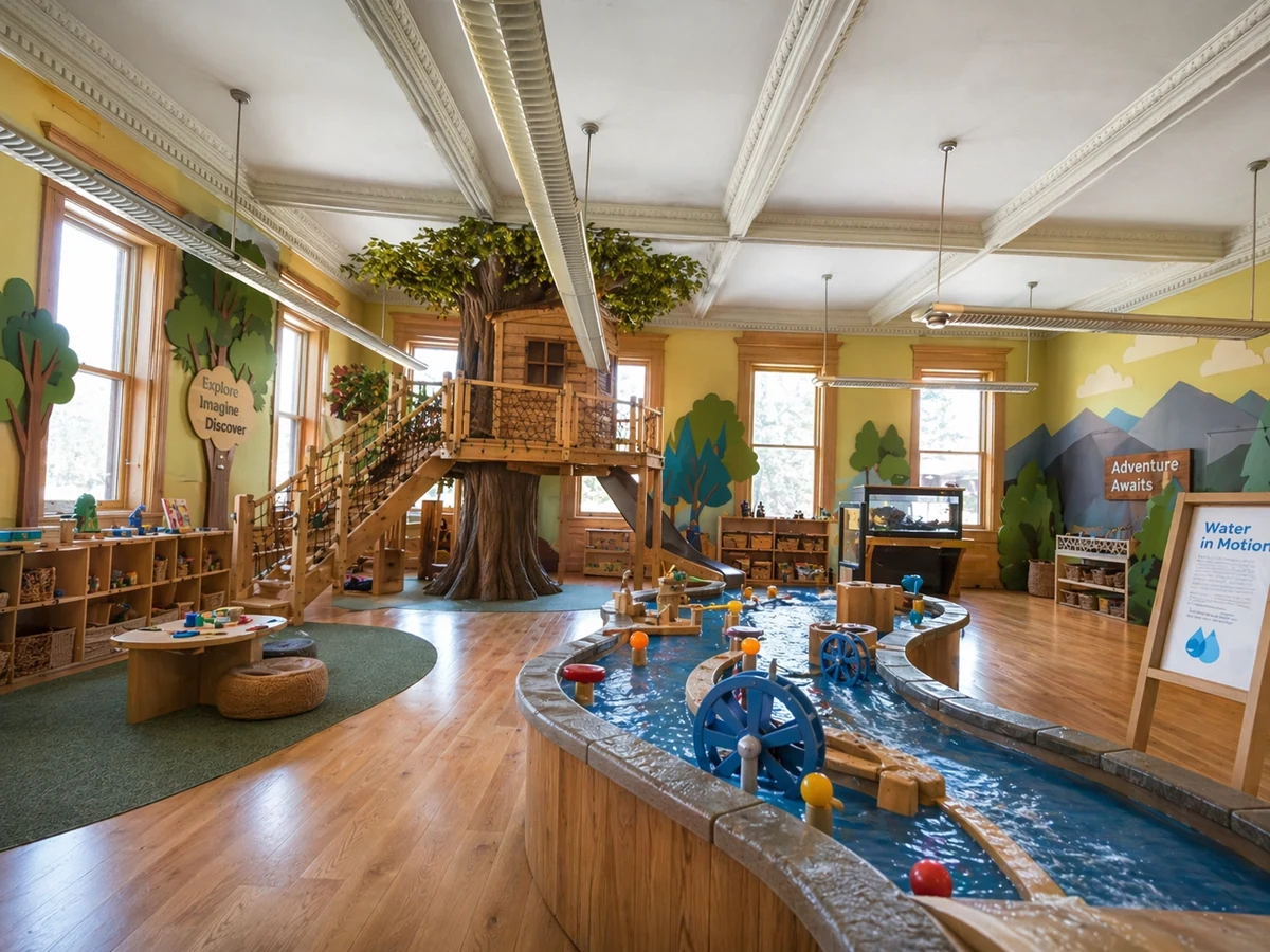Concept image of a Great Lakes water table exhibit with square historic room windows