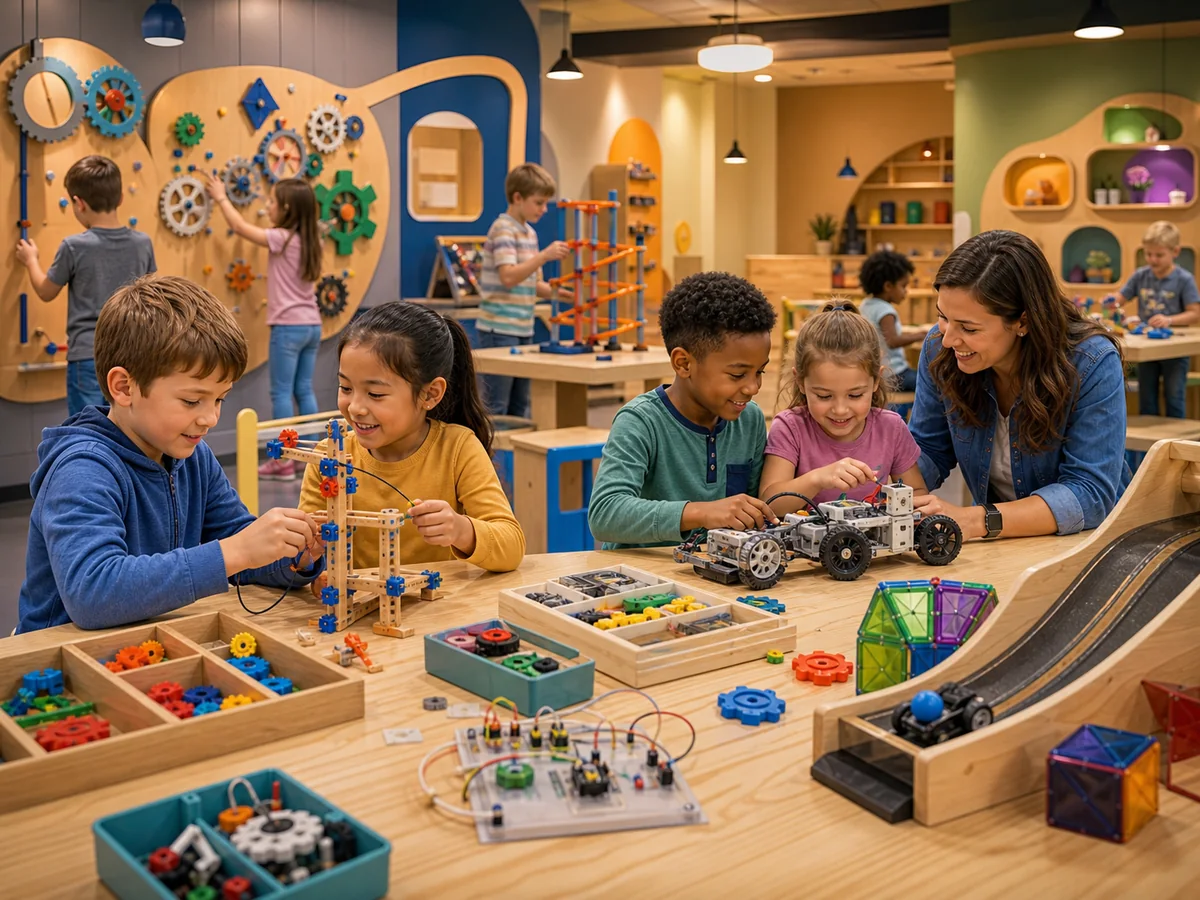 Concept image of a STEM learning table with children building and experimenting