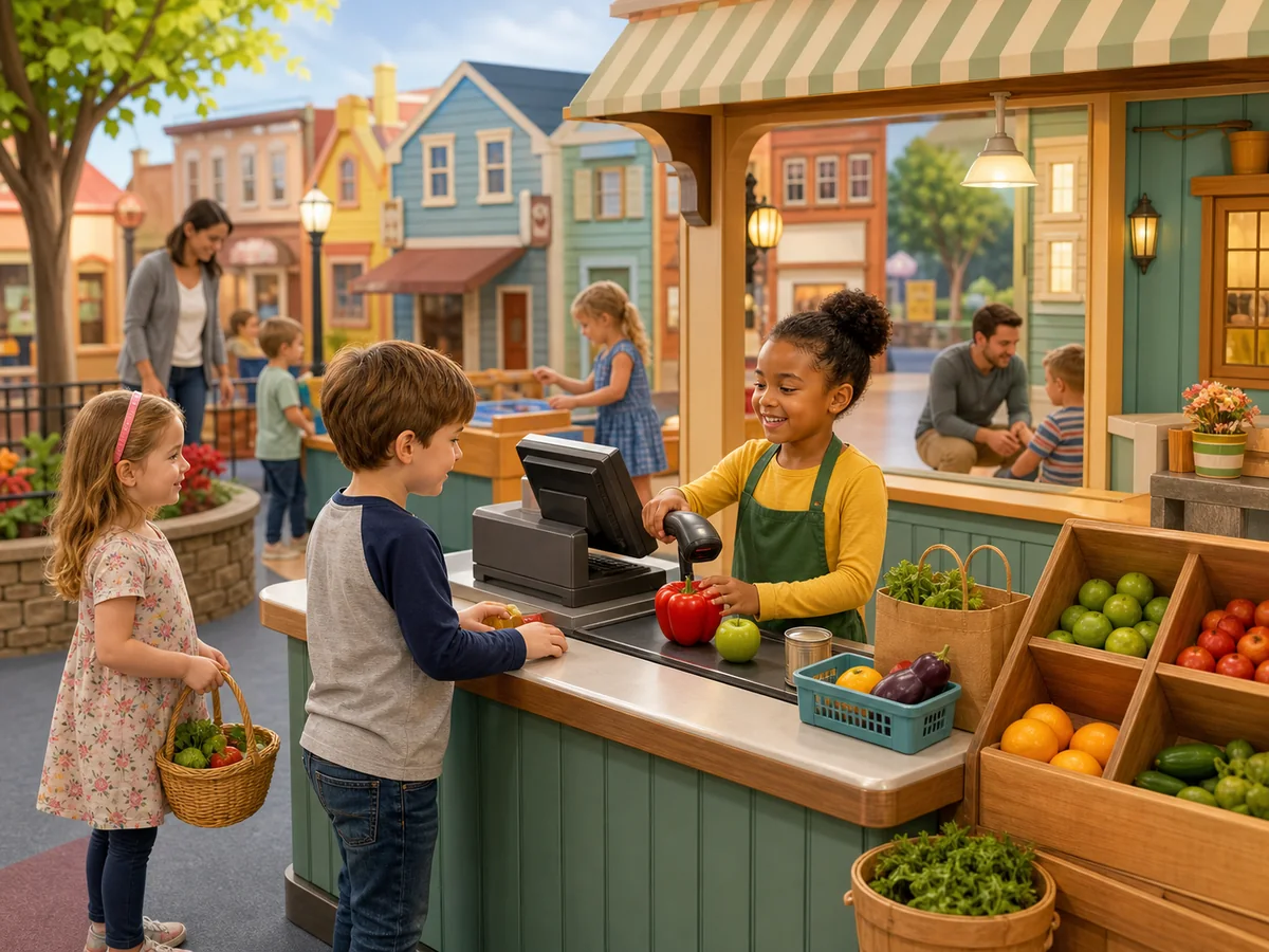 Concept image of children playing in a miniature town grocery exhibit