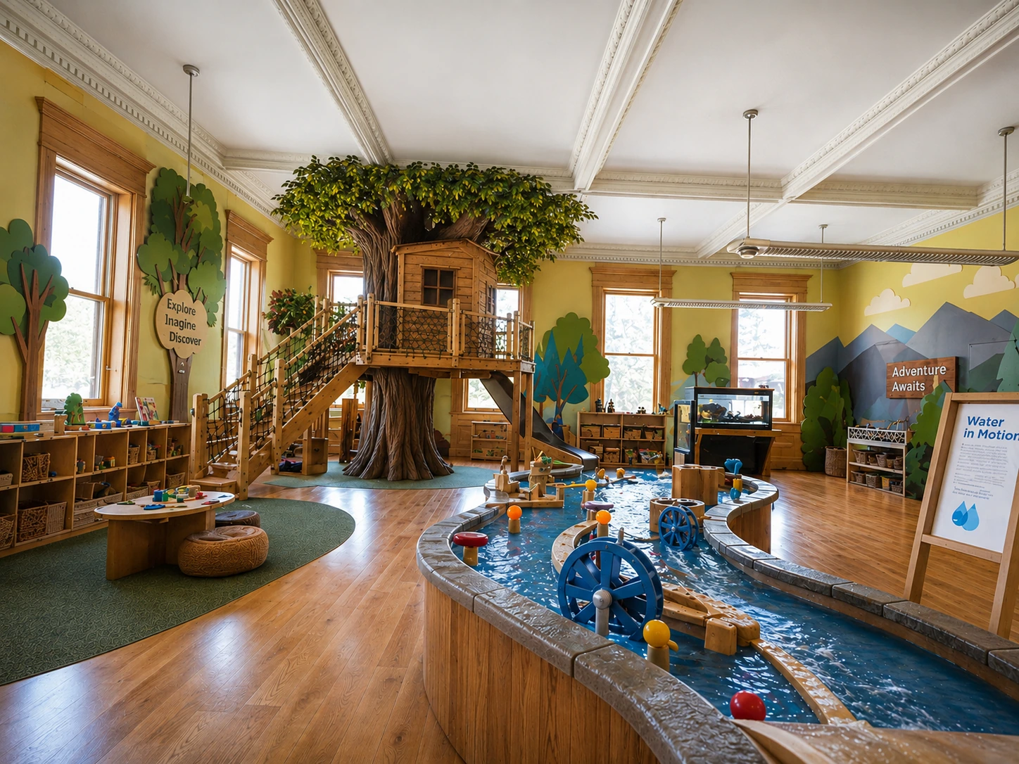 AI concept of a treehouse and water-play exhibit inside a historic Carnegie-style room with square windows