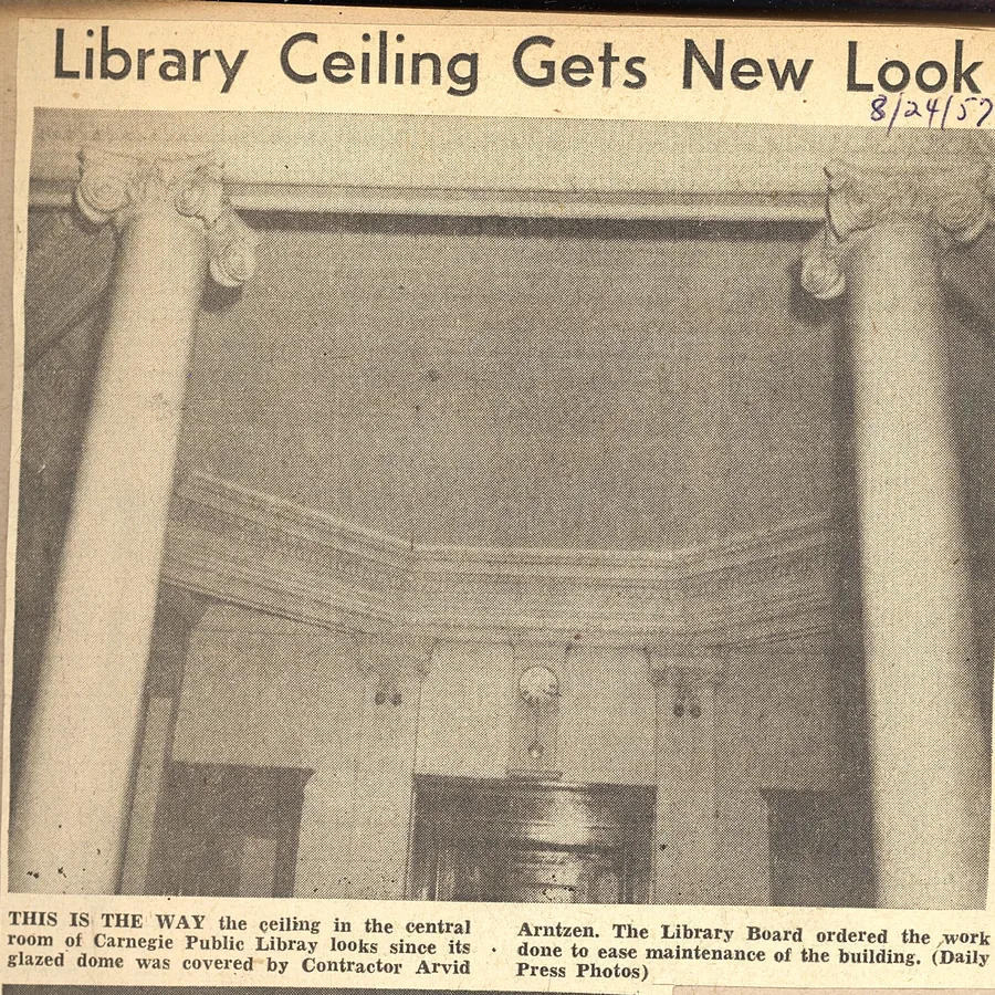 Historic newspaper clipping about the Carnegie Library ceiling