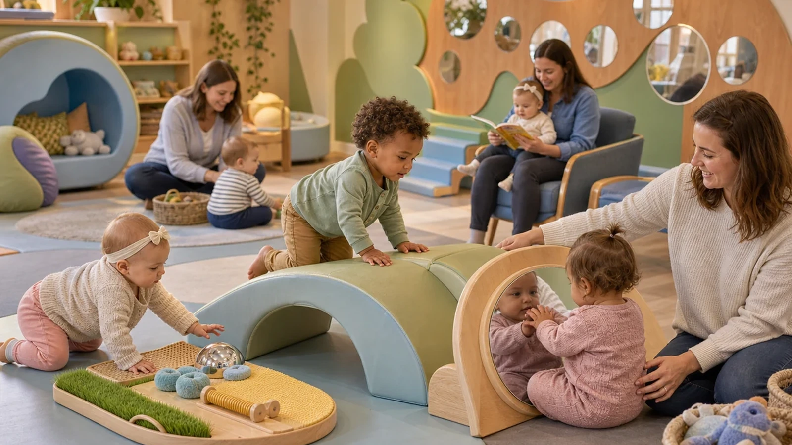 Future Little Explorers concept inside a bright children's museum room with square windows