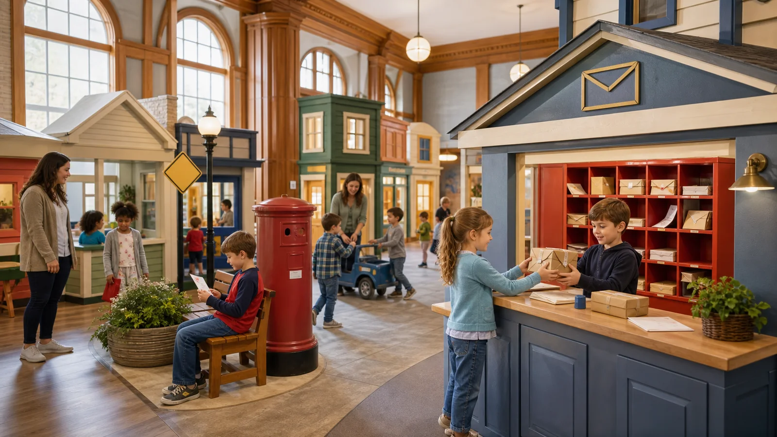 Future Tiny Town exhibit concept with children exploring a pretend community space